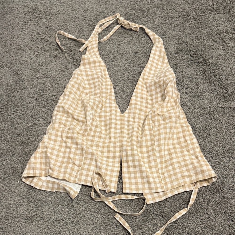 Abercrombie & Fitch Gingham Halter Top in Beige and White